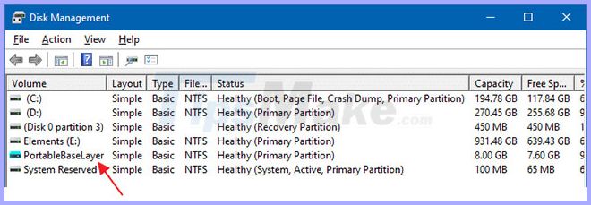 What is the PortableBaseLayer partition in Windows 10 Disk Management? Picture 1
