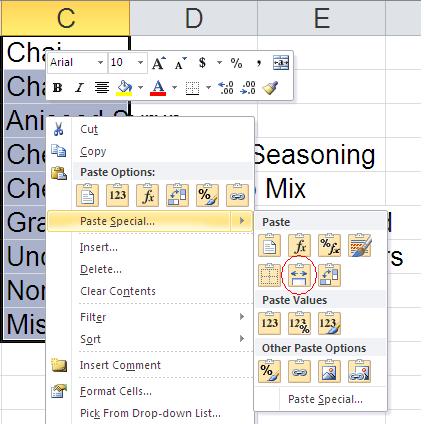 what are the paste options in excel 2016