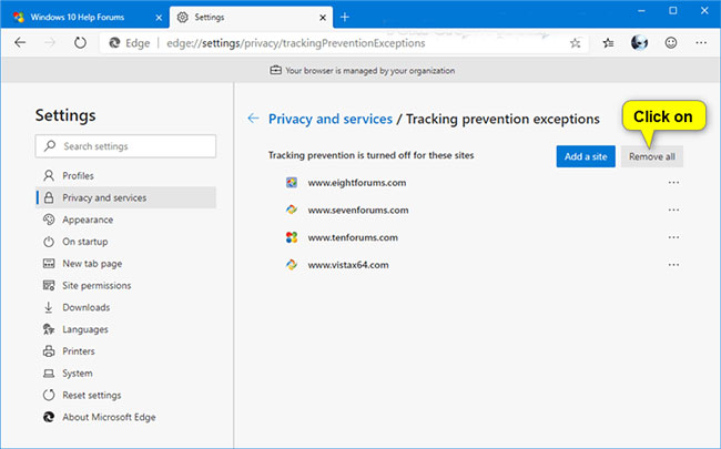 Add and remove exceptions in Tracking Prevention on Microsoft Edge Chromium Picture 12