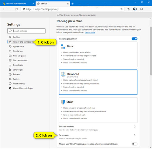 Add and remove exceptions in Tracking Prevention on Microsoft Edge Chromium Picture 4