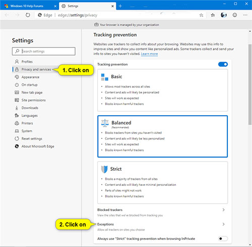 Add and remove exceptions in Tracking Prevention on Microsoft Edge Chromium Picture 8