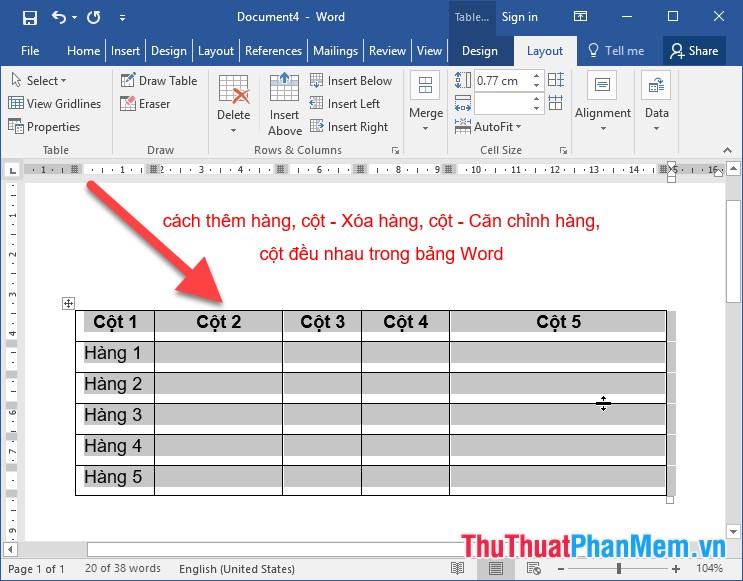 Add rows and columns - Delete rows and columns - Align rows and columns evenly in the Word table Picture 11