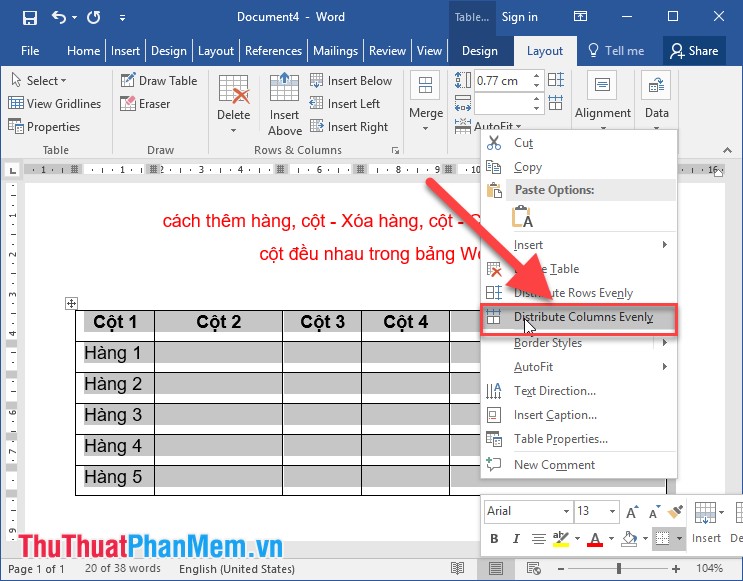 Add rows and columns - Delete rows and columns - Align rows and columns evenly in the Word table Picture 14