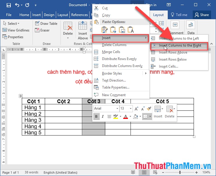 Add rows and columns - Delete rows and columns - Align rows and columns evenly in the Word table Picture 5