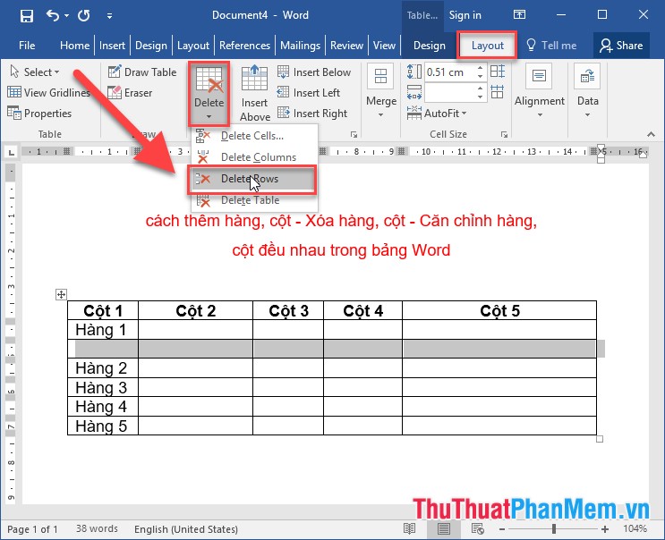 Add rows and columns - Delete rows and columns - Align rows and columns evenly in the Word table Picture 6