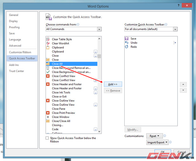 Add Save and Close options All Documents documents in Word Picture 6