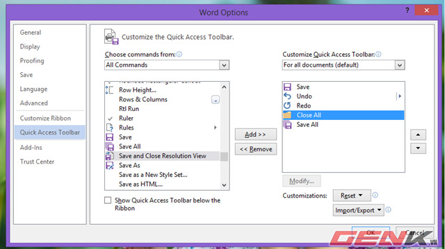 Add Save and Close options All Documents documents in Word Picture 8
