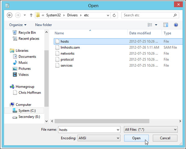 Block the website by hosts files on Windows 8 Picture 8