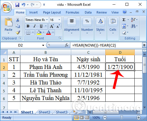 Calculation of age in Excel Picture 1