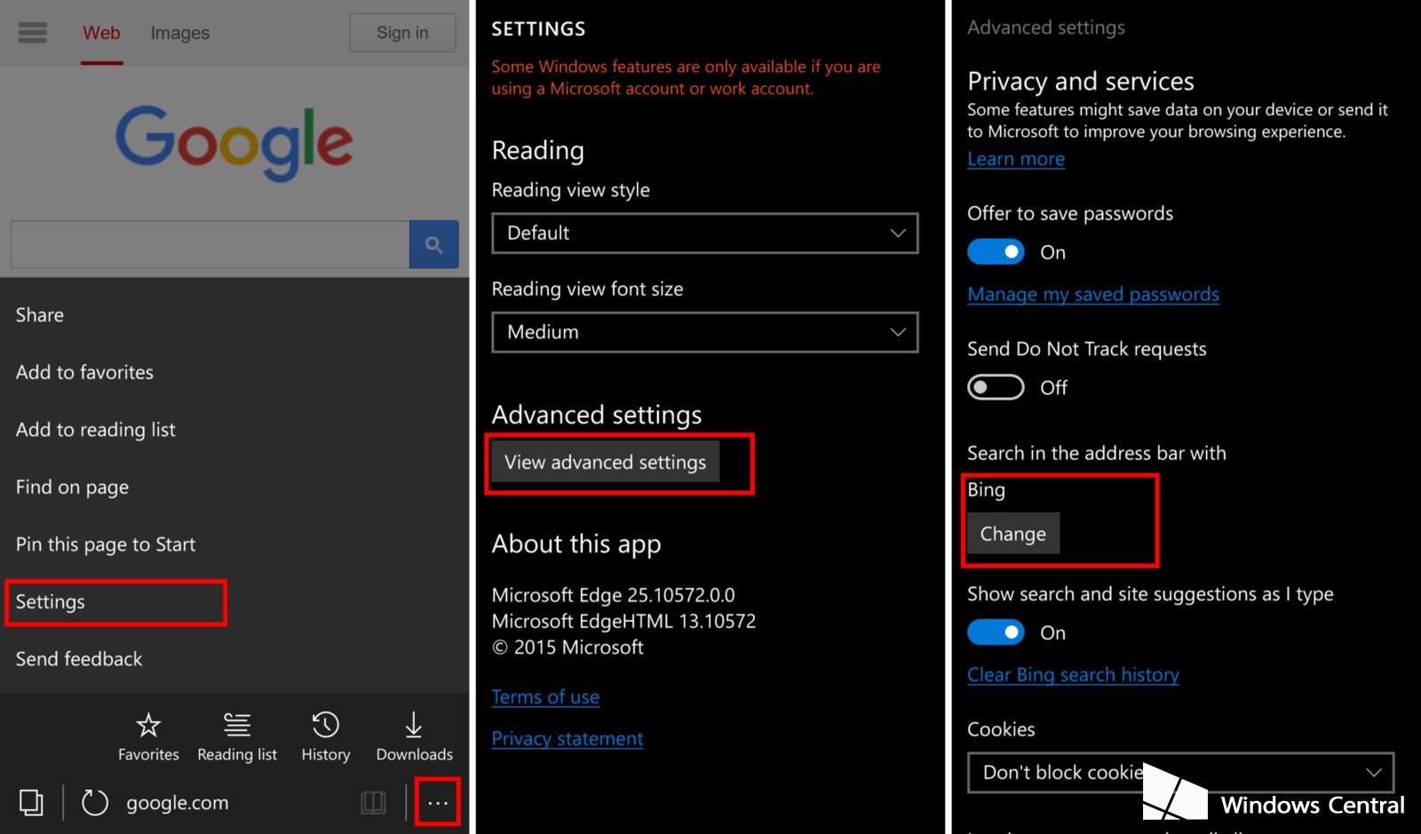 Change Edge browser default search tool for Windows 10 Mobile Picture 1