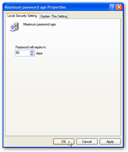 Picture 11 of Change 'lifespan' of login password in Windows XP and 7