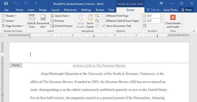 word 2016 header and footer guides off