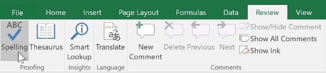 how to do spell check on excel 2016