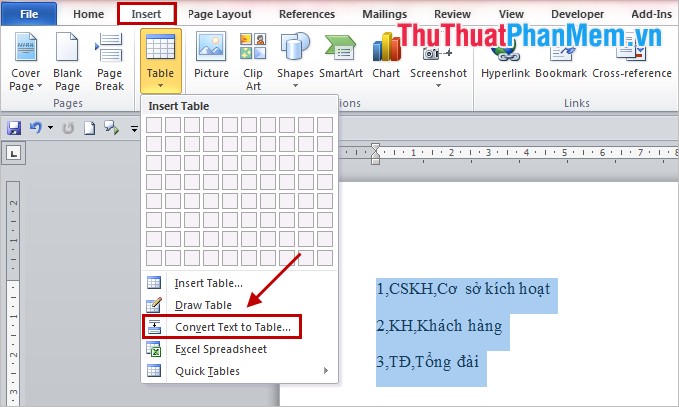 convert text to table word