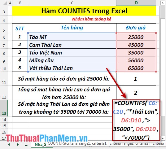 COUNTIFS function - The function performs counting the number of cells in a data table that satisfy many conditions in Excel Picture 7