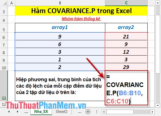 COVARIANCE.P function - The function returns the covariance of a set, the product of the average of degrees of instruction for each pair of data points in Excel Picture 3