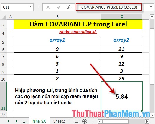 COVARIANCE.P function - The function returns the covariance of a set, the product of the average of degrees of instruction for each pair of data points in Excel Picture 4
