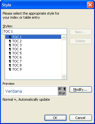 Create automatic table of contents in Word 2003 Picture 21