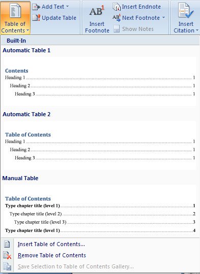 how to create table of contents in word 2010 automatically