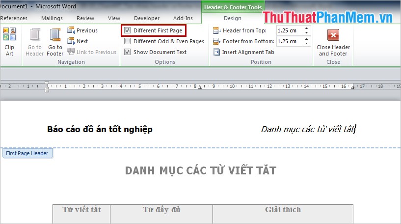 ms word different first page header