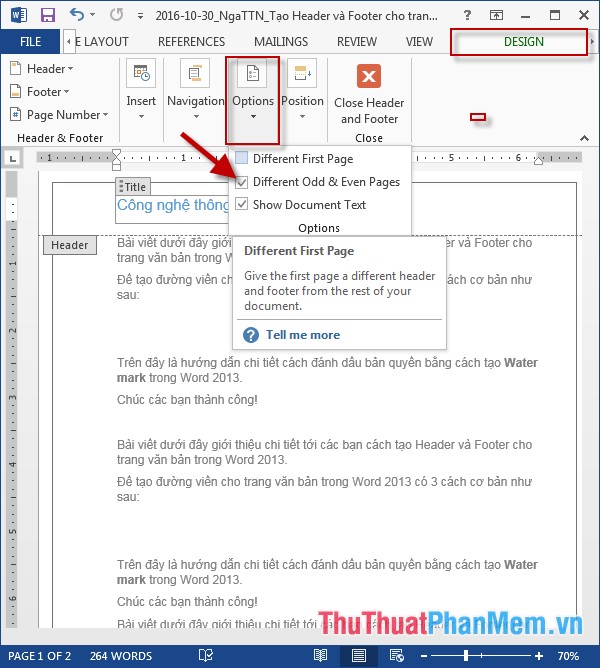 Create Header and Footer for text page in Word Picture 8