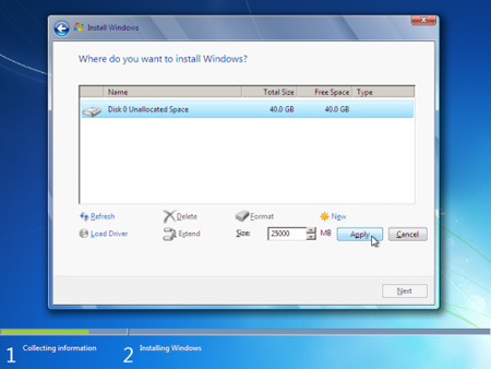 Picture 5 of Create partition during Windows 7 installation process