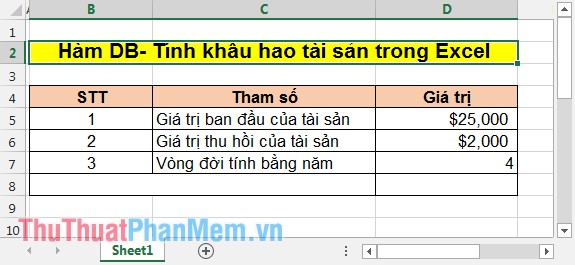 DB function - The function calculates the depreciation of assets with specific maturity in Excel Picture 1