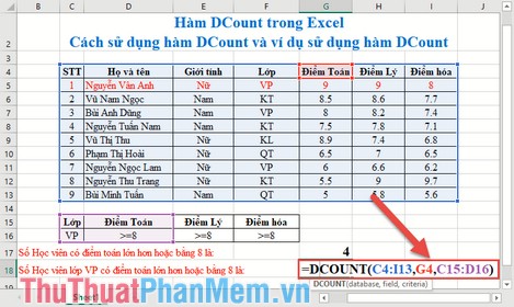 DCount function in Excel - How to use the DCount function and examples using the DCount function Picture 1