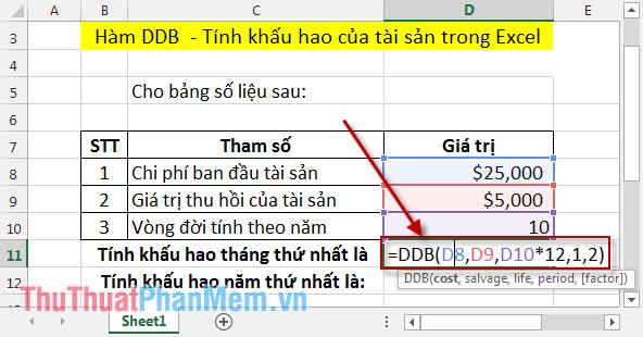 DDB function - Calculate depreciation of assets in Excel Picture 2