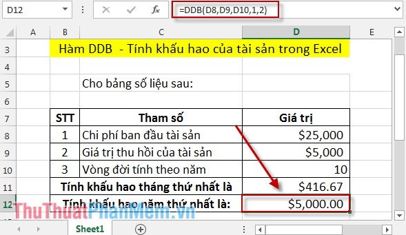 DDB function - Calculate depreciation of assets in Excel Picture 5