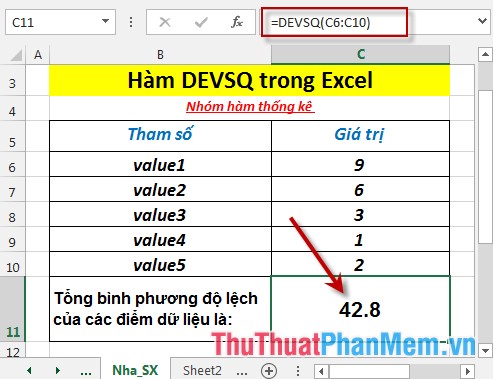 DEVSQ function - The function returns the sum of squares of deviations of data points from the sample mean in Excel Picture 4
