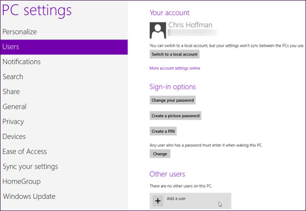 Distinguish local accounts and Microsoft accounts on Windows 8 Picture 5