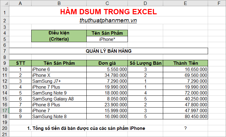 DSUM function in Excel, how to use DSUM function and examples Picture 3