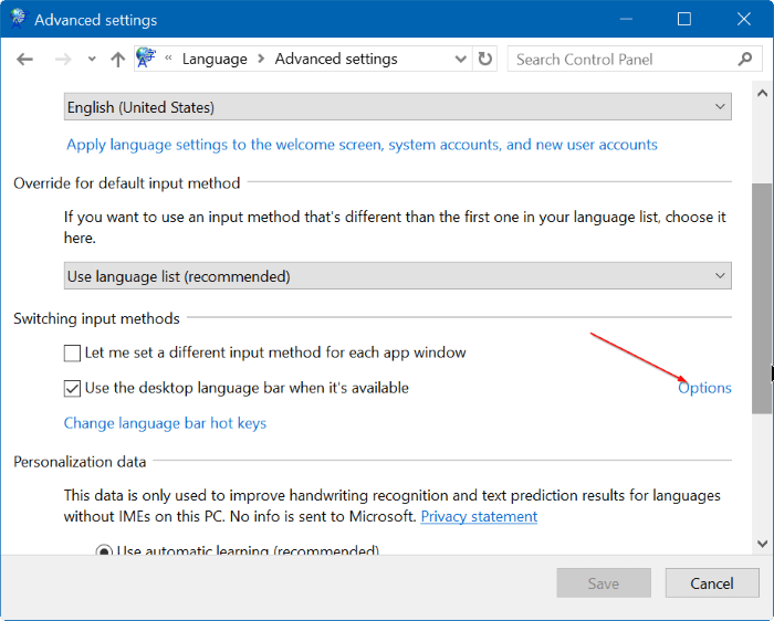 Enable / disable the Language bar on Windows 10