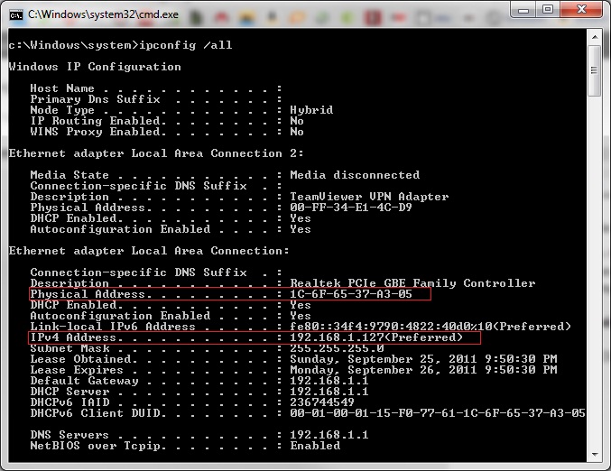 Find IP address and MAC address Picture 1