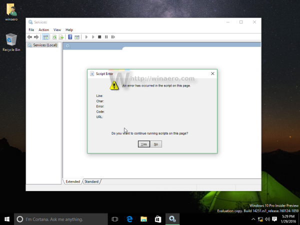Fix the error An error has occurred in the script on this page on Windows 10 build 14251 Picture 1