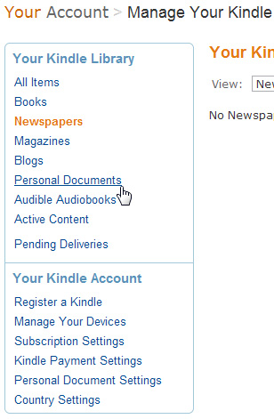 amazon kindle personal documents settings