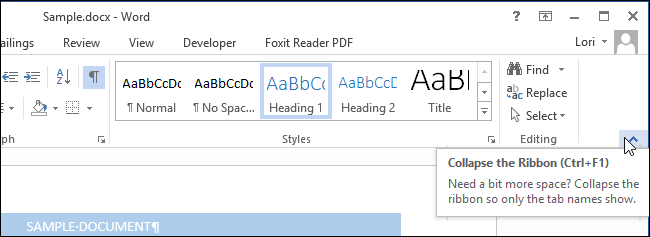 Hide the Ribbon toolbar in Word 2013 Picture 4