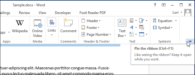 Hide the Ribbon toolbar in Word 2013 Picture 6