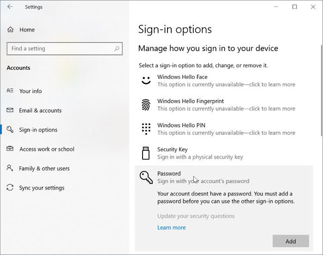 How to add a password to a local account in Windows 10 Picture 1