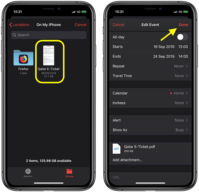 How to add attachments to calendar events on iOS