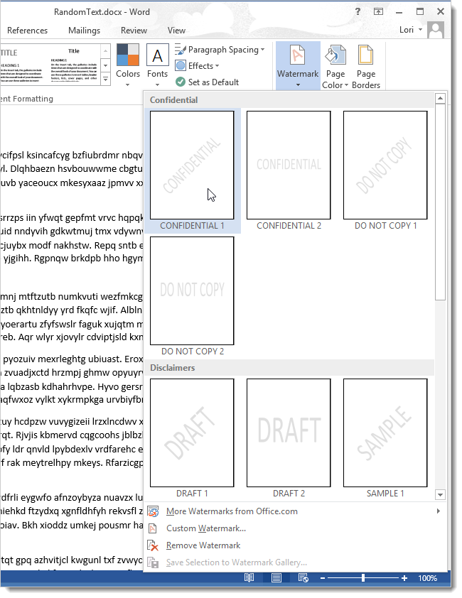 How to add copyright watermark text in Word 2013 Picture 2