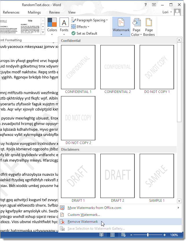 How to add copyright watermark text in Word 2013 Picture 4