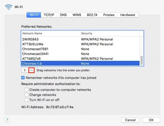 clear wireless preferred network for mac os x