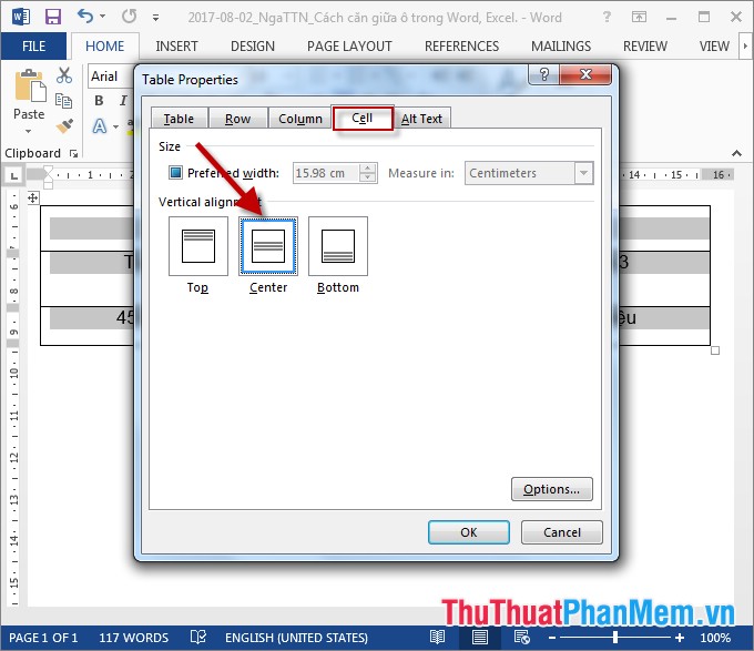 How to align text between cells in Word and Excel Picture 6