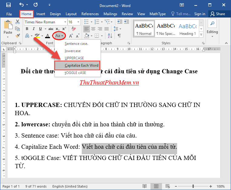How to change lowercase letters, uppercase letters, uppercase first letter in Word Picture 6