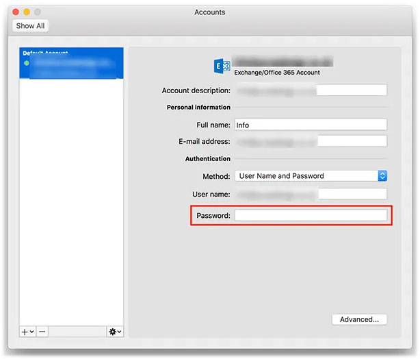 change the password for outlook 365 for mac