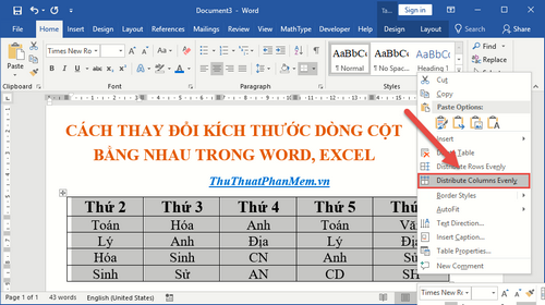 How to change the size of rows, columns, cells equally in Word, Excel Picture 1