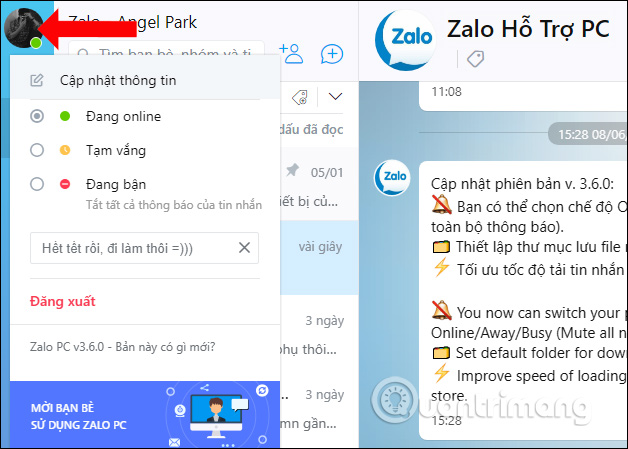 How to change the status on the Zalo PC Picture 1