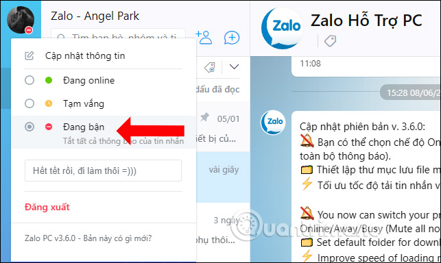 How to change the status on the Zalo PC Picture 3